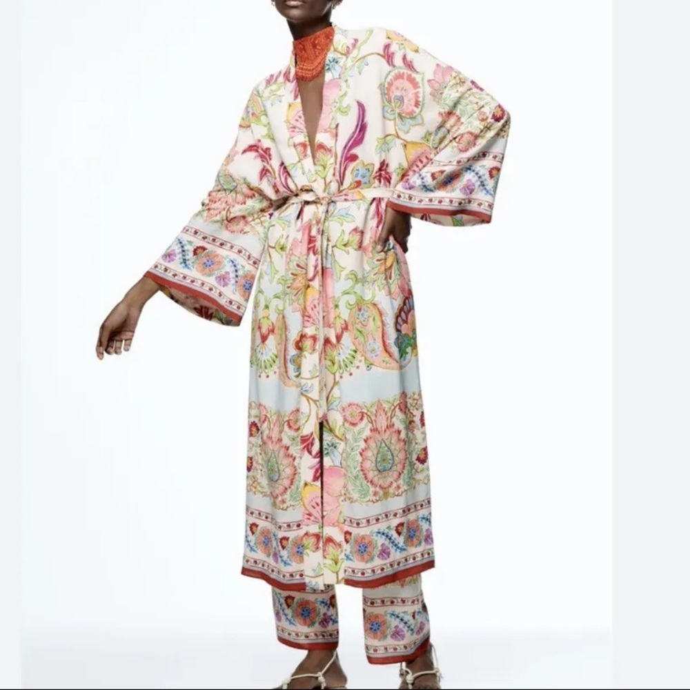 Zara Floral Printed Long Kimono Belted Bohemian Blogger - Picture 13 of 15